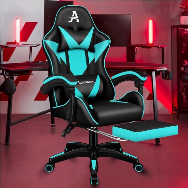 ALFORDSON Gaming Office Chair Massage Footrest Leather Black Cyan