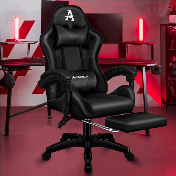 ALFORDSON Gaming Office Chair Massage Footrest Leather All Black