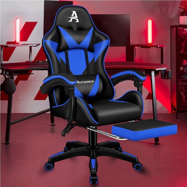 ALFORDSON Gaming Office Chair Massage Footrest Leather Black Blue