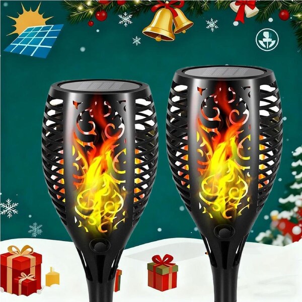 2 Pcs Outdoor Solar Flame Lights Fire LED Torch Garden Christmas Decorations Light