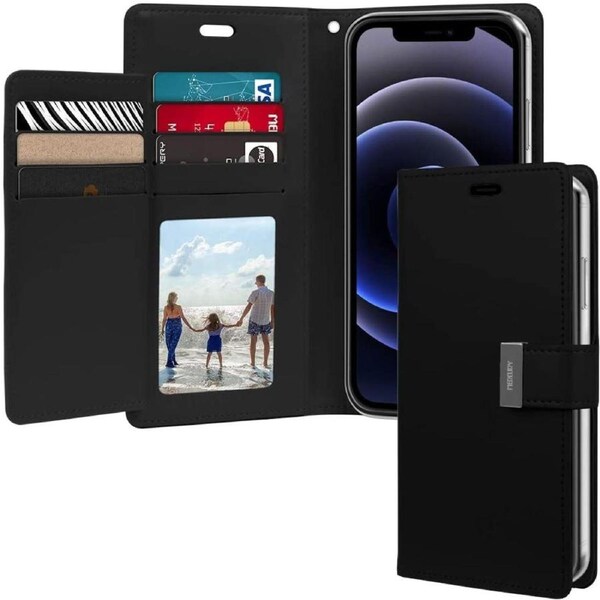 Goospery Mercury Rich Diary For iPhone 15 Pro Max - Black Wallet Phone Case Cover Magnetic Closure