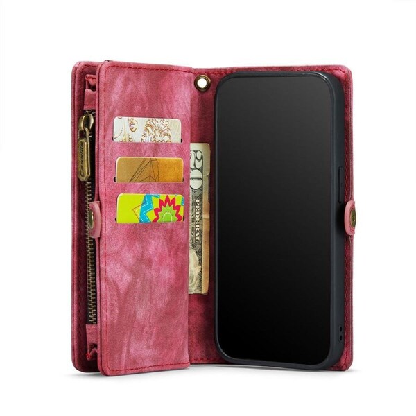 CaseMe 008 Series For iPhone 14 Pro Max - Red Multi-Functional Wallet with Removable Inner Magnetic Case