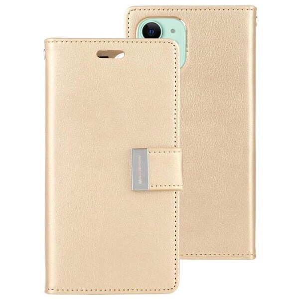 Goospery Mercury Rich Diary For iPhone 15 - Gold Wallet Phone Case Cover Magnetic Closure