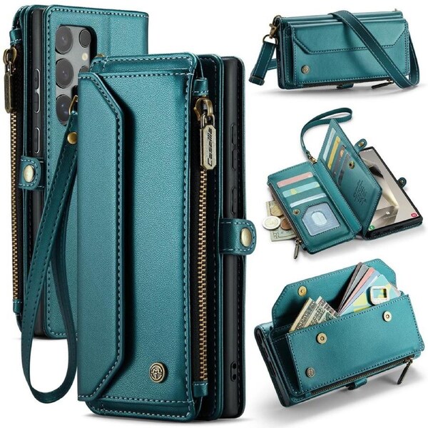 CaseMe C36 Series For Galaxy S24 Ultra - Turquoise Crossbody Zipper Multi Card Slot Wallet Case