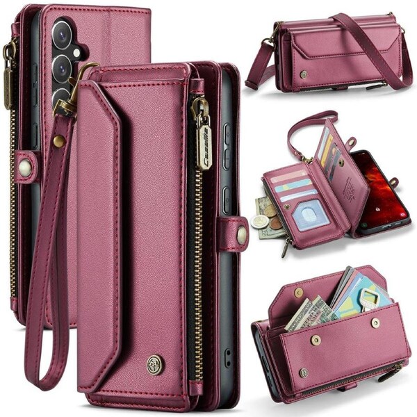 CaseMe C36 Series For Galaxy S24 FE - Wine Crossbody Zipper Multi Card Slot Wallet Case