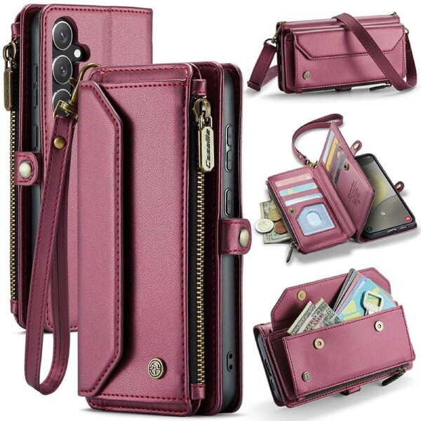 CaseMe C36 Series For Galaxy S24+ Plus - Wine Crossbody Zipper Multi Card Slot Wallet Case