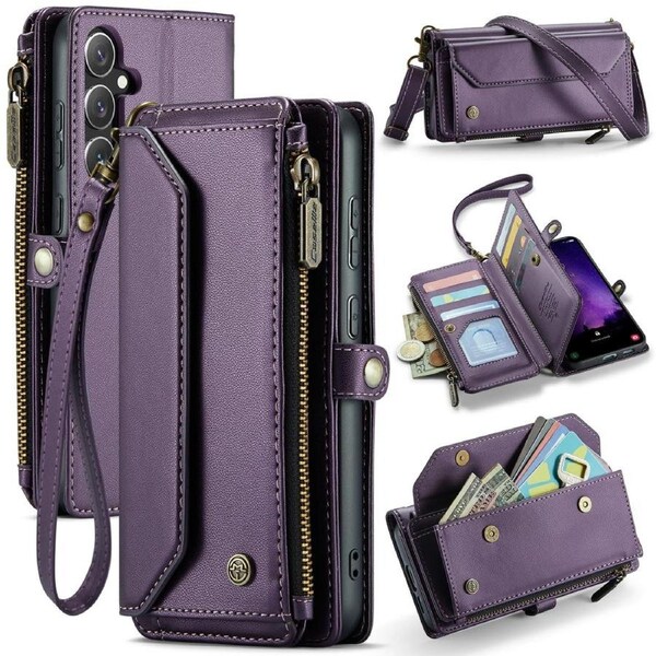 CaseMe C36 Series For Galaxy S24 FE - Purple Crossbody Zipper Multi Card Slot Wallet Case