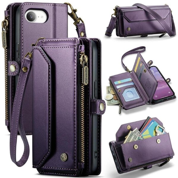CaseMe C36 Series For iPhone 16e - Purple Crossbody Zipper Multi Card Slot Wallet Case