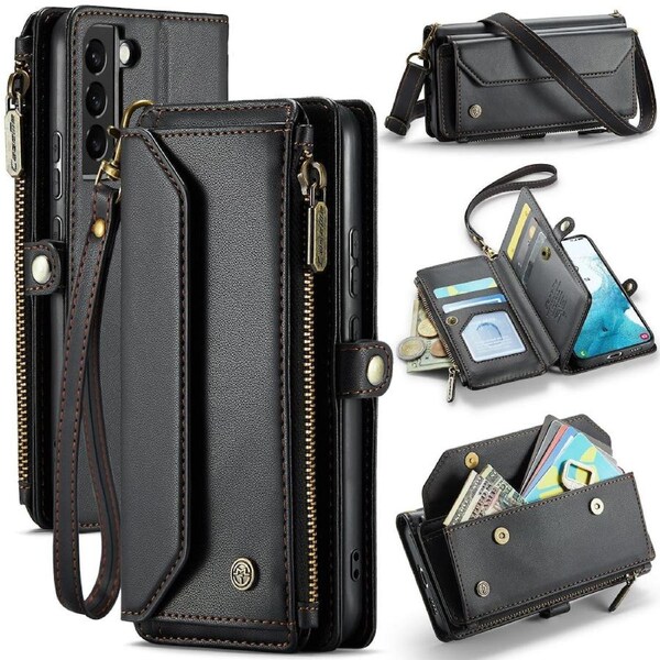CaseMe C36 Series For Galaxy S22 - Black Crossbody Zipper Multi Card Slot Wallet Case