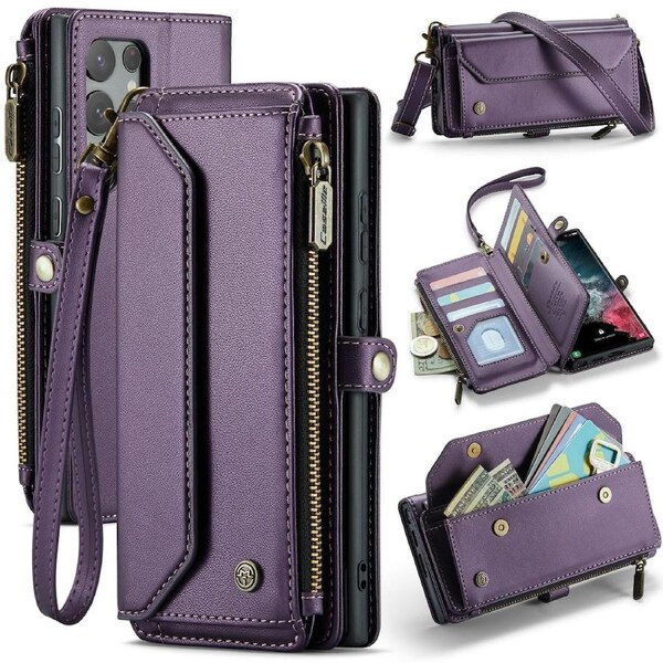 CaseMe C36 Series For Galaxy S22 Ultra - Purple Crossbody Zipper Multi Card Slot Wallet Case