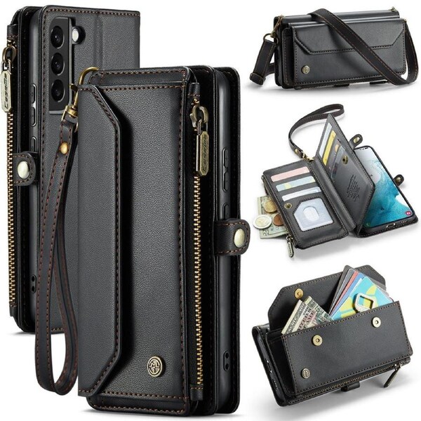 CaseMe C36 Series For Galaxy S22+ Plus - Black Crossbody Zipper Multi Card Slot Wallet Case
