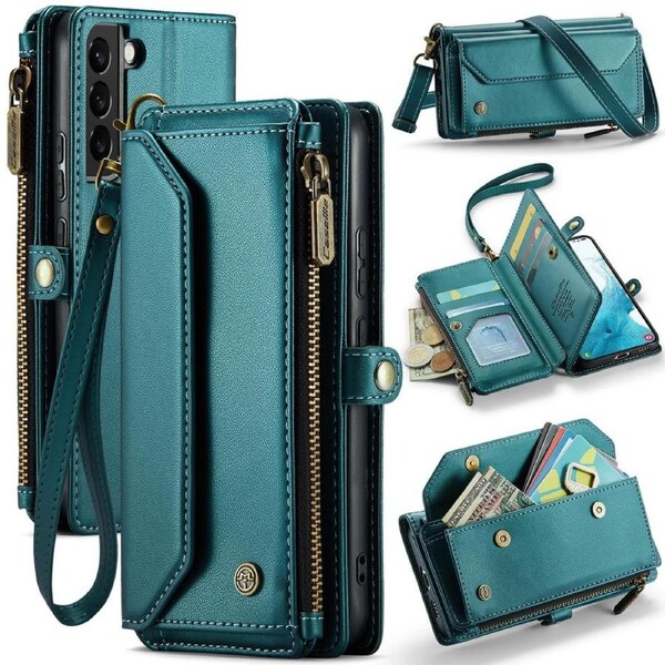 CaseMe C36 Series For Galaxy S22 - Turquoise Crossbody Zipper Multi Card Slot Wallet Case