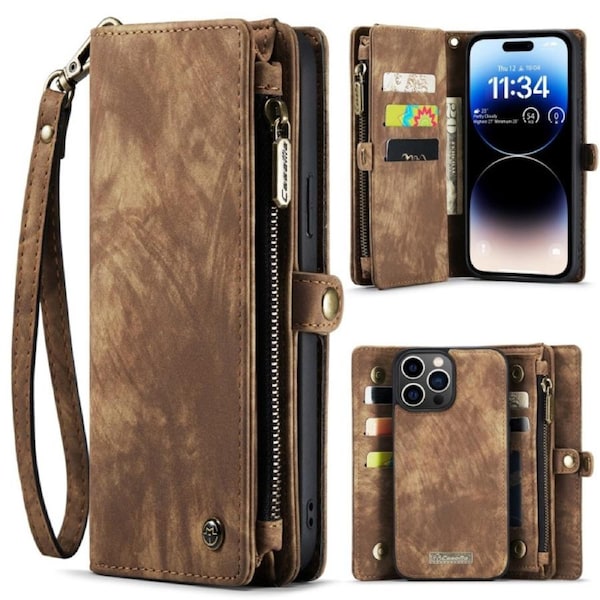 CaseMe 008 Series For iPhone 15 Pro - Brown Multi-Functional Wallet with Removable Inner Magnetic Case