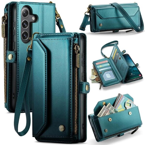 CaseMe C36 Series For Galaxy S25+ Plus - Turquoise Crossbody Zipper Multi Card Slot Wallet Case