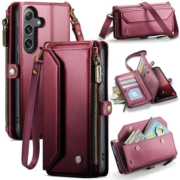 CaseMe C36 Series For Galaxy S25+ Plus - Wine Crossbody Zipper Multi Card Slot Wallet Case