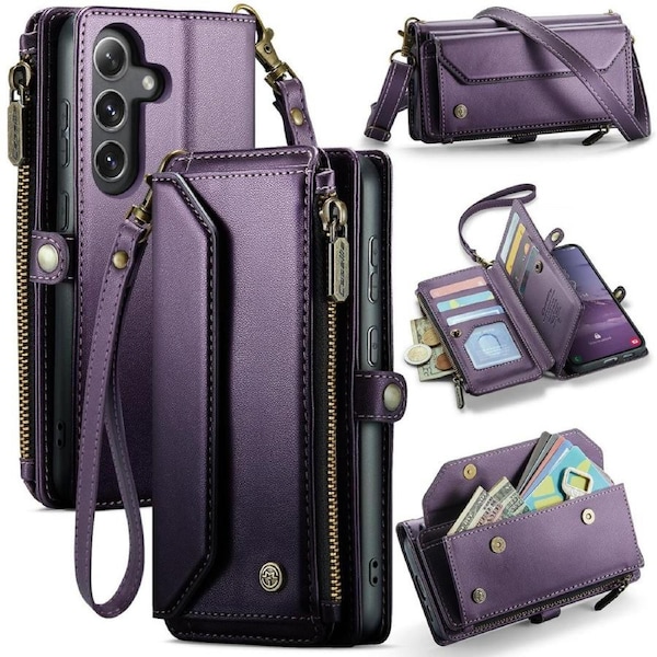 CaseMe C36 Series For Galaxy S25+ Plus - Purple Crossbody Zipper Multi Card Slot Wallet Case