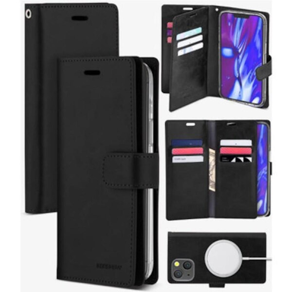 Goospery Mercury Magsafe Mansoor For iPhone 14 Plus - Black Wallet Phone Case With Wireless Charging Support