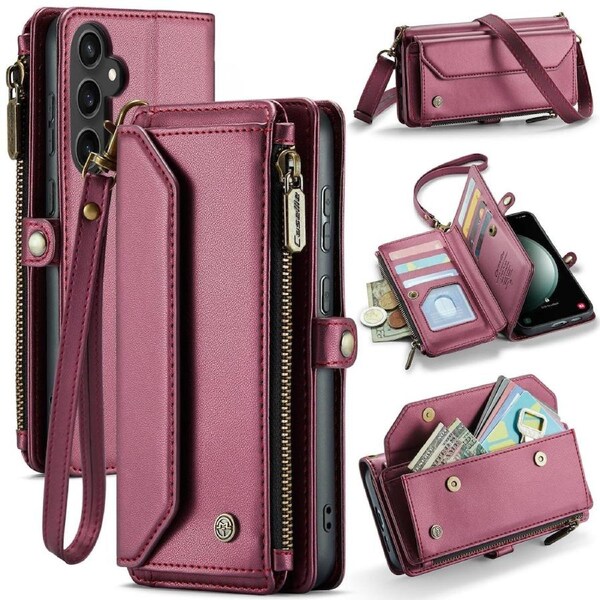 CaseMe C36 Series For Galaxy S23 FE - Wine Crossbody Zipper Multi Card Slot Wallet Case