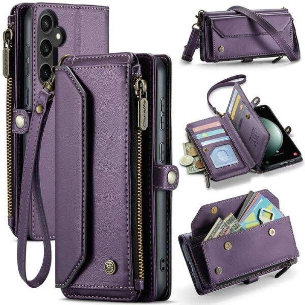 CaseMe C36 Series For Galaxy S23 FE - Purple Crossbody Zipper Multi Card Slot Wallet Case