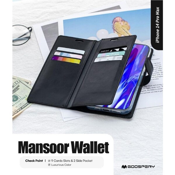 Goospery Mercury Mansoor For iPhone 14 Pro Max - Black Diary Wallet Phone Case