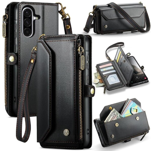 CaseMe C36 Series For Galaxy A56 5G - Black Crossbody Zipper Multi Card Slot Wallet Case