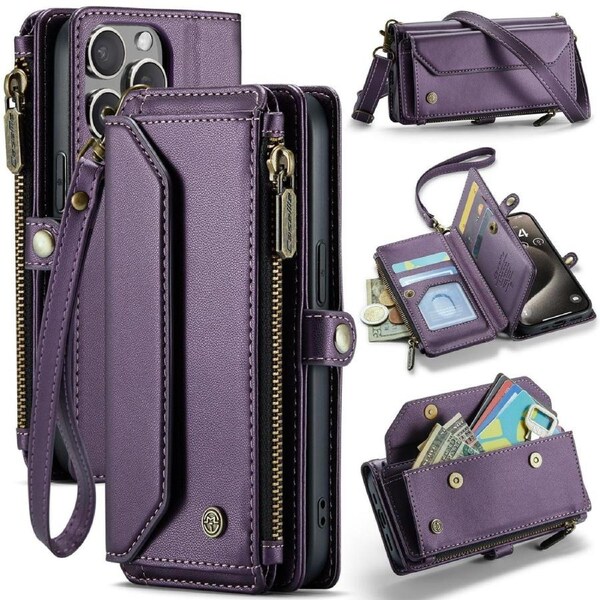 CaseMe C36 Series For iPhone 15 Pro - Purple Crossbody Zipper Multi Card Slot Wallet Case