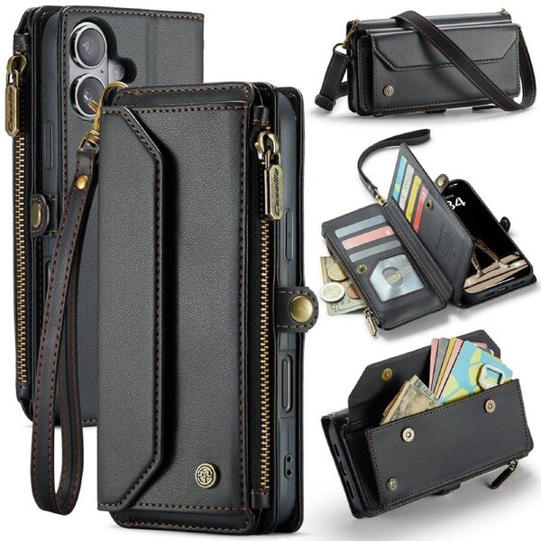 CaseMe C36 Series For iPhone 16 Plus - Black Crossbody Zipper Multi Card Slot Wallet Case