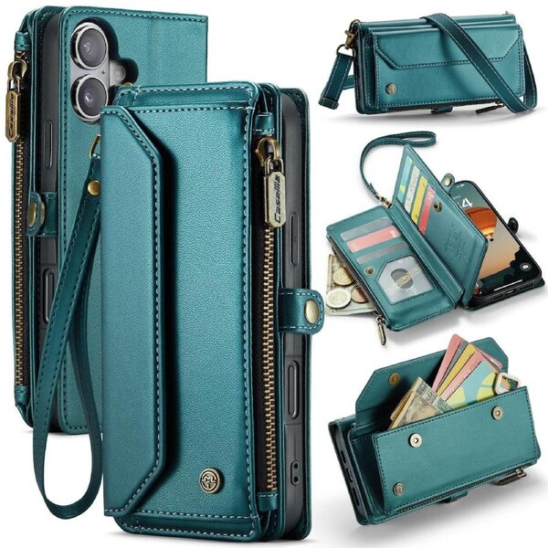 CaseMe C36 Series For iPhone 16 Plus - Turquoise Crossbody Zipper Multi Card Slot Wallet Case