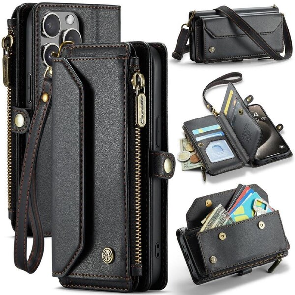 CaseMe C36 Series For iPhone 15 Pro - Black Crossbody Zipper Multi Card Slot Wallet Case
