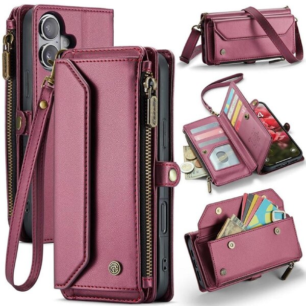 CaseMe C36 Series For iPhone 16 Plus - Wine Crossbody Zipper Multi Card Slot Wallet Case