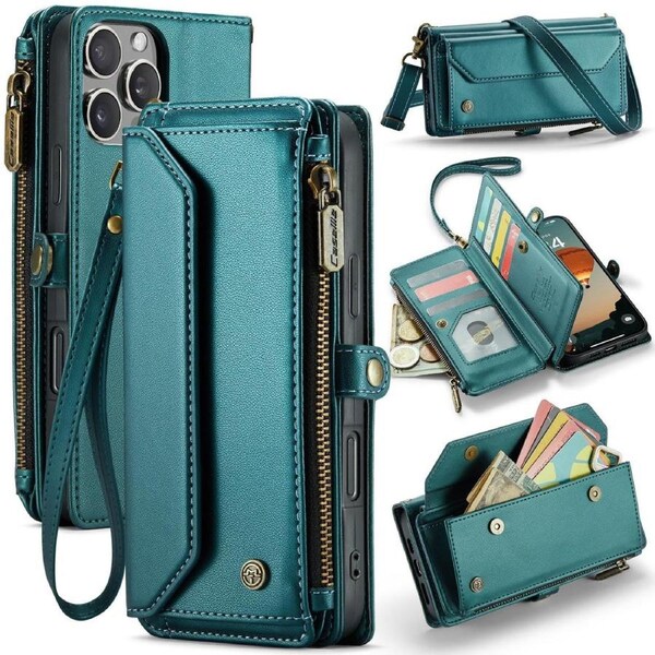 CaseMe C36 Series For iPhone 16 Pro Max - Turquoise Crossbody Zipper Multi Card Slot Wallet Case