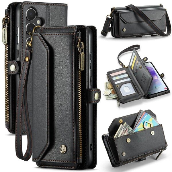CaseMe C36 Series For Galaxy A55 5G - Black Crossbody Zipper Multi Card Slot Wallet Case