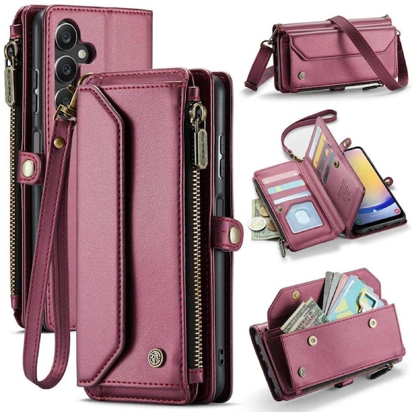CaseMe C36 Series For Galaxy A25 5G - Wine Crossbody Zipper Multi Card Slot Wallet Case