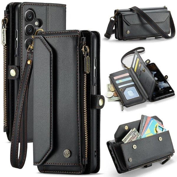 CaseMe C36 Series For Galaxy A16 5G - Black Crossbody Zipper Multi Card Slot Wallet Case