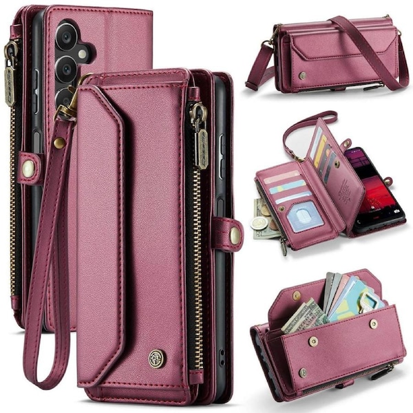 CaseMe C36 Series For Galaxy A16 5G - Wine Crossbody Zipper Multi Card Slot Wallet Case