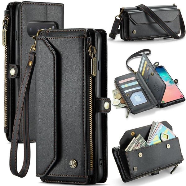 CaseMe C36 Series For Galaxy S10+ Plus - Black Crossbody Zipper Multi Card Slot Wallet Case