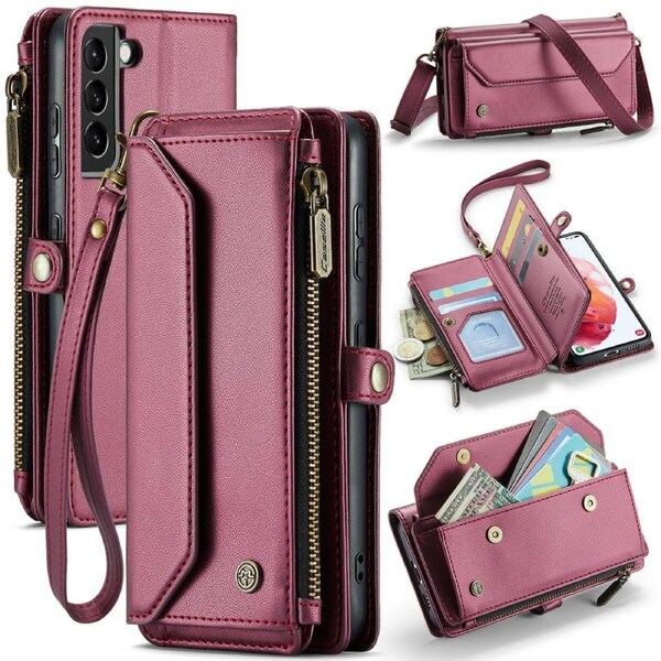 CaseMe C36 Series For Galaxy S21 - Wine Crossbody Zipper Multi Card Slot Wallet Case