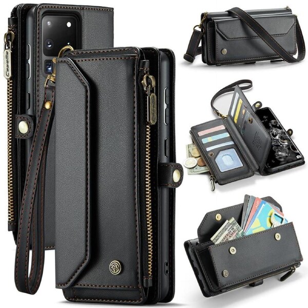 CaseMe C36 Series For Galaxy S20 Ultra - Black Crossbody Zipper Multi Card Slot Wallet Case