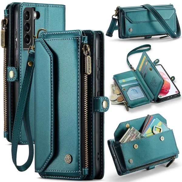 CaseMe C36 Series For Galaxy S21 - Turquoise Crossbody Zipper Multi Card Slot Wallet Case