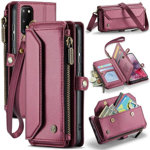 CaseMe C36 Series For Galaxy S20 - Wine Crossbody Zipper Multi Card Slot Wallet Case
