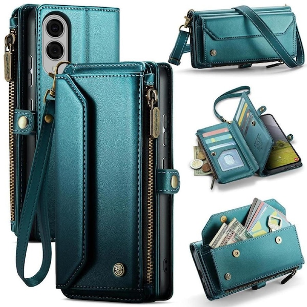 CaseMe C36 Series For Galaxy S25 Edge - Turquoise Crossbody Zipper Multi Card Slot Wallet Case