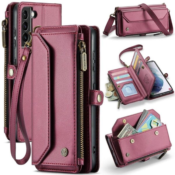 CaseMe C36 Series For Galaxy S21+ Plus - Wine Crossbody Zipper Multi Card Slot Wallet Case
