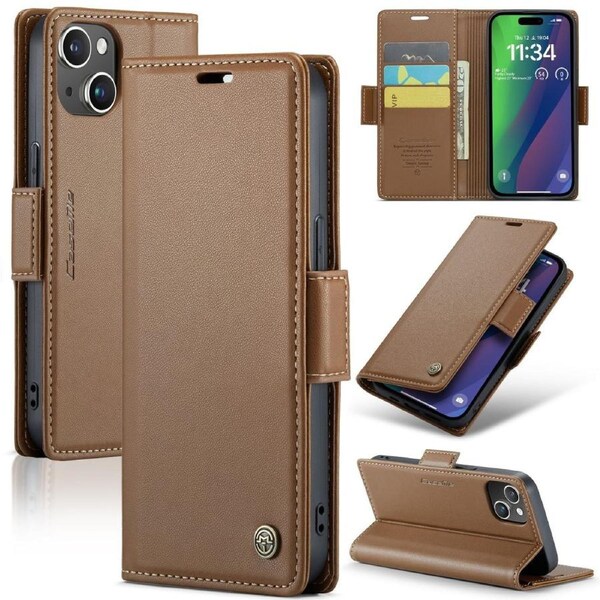 CaseMe 023 Series For iPhone 15 - Brown Slim Compact Wallet Case With Magnetic Closure