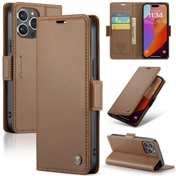 CaseMe 023 Series For iPhone 15 Pro - Brown Slim Compact Wallet Case With Magnetic Closure