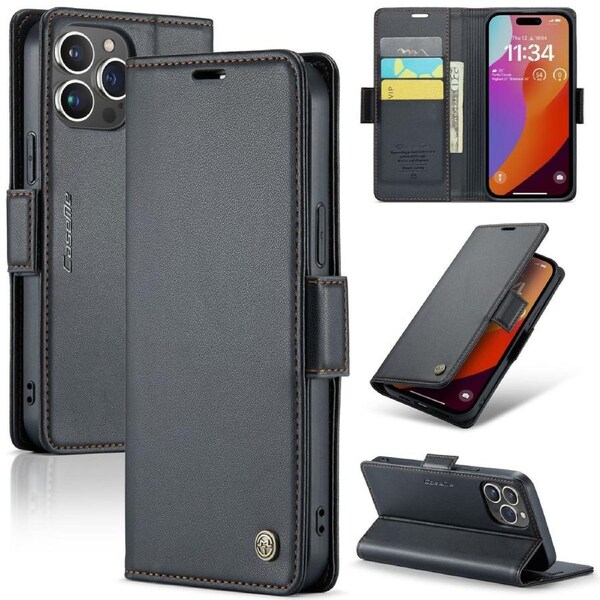 CaseMe 023 Series For iPhone 15 Pro Max - Black Slim Compact Wallet Case With Magnetic Closure
