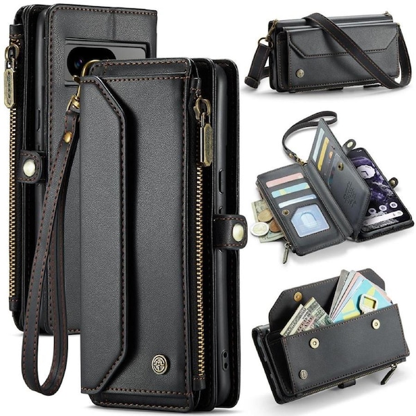 CaseMe C36 Series For Google Pixel 8 - Black Crossbody Zipper Multi Card Slot Wallet Case