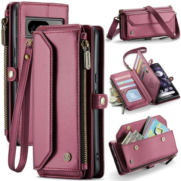 CaseMe C36 Series For Google Pixel 8 - Wine Crossbody Zipper Multi Card Slot Wallet Case