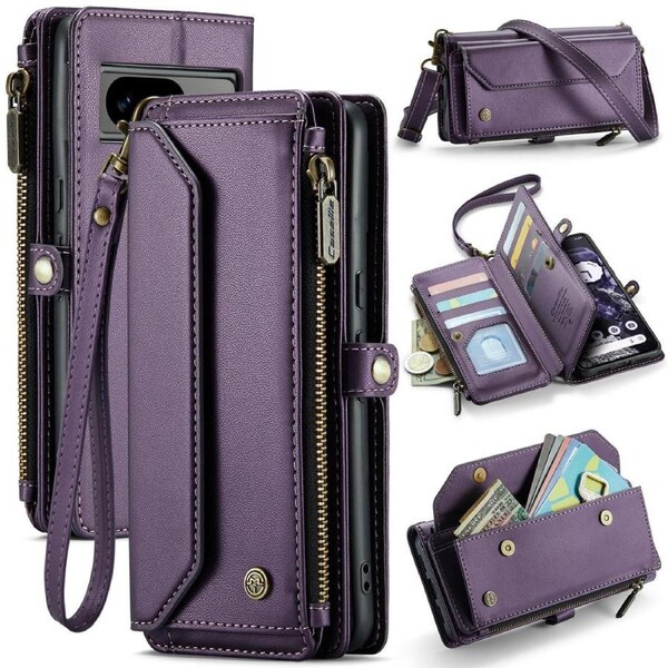 CaseMe C36 Series For Google Pixel 8 - Purple Crossbody Zipper Multi Card Slot Wallet Case