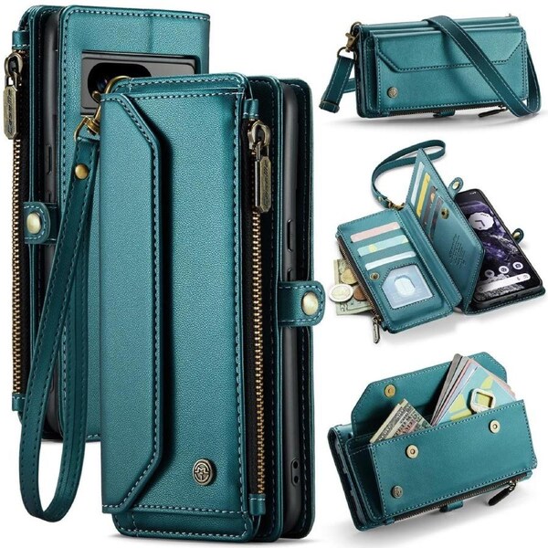 CaseMe C36 Series For Google Pixel 8 - Turquoise Crossbody Zipper Multi Card Slot Wallet Case