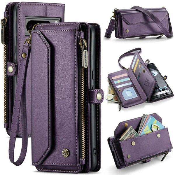 CaseMe C36 Series For Google Pixel 8 Pro - Purple Crossbody Zipper Multi Card Slot Wallet Case